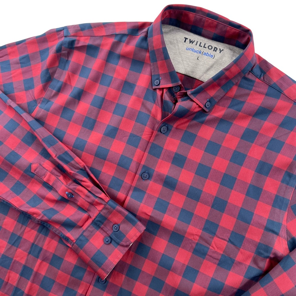 Twillory Untuckable Mens Large Red Navy Buffalo Check Performance Button Down